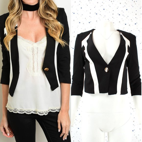 Jackets & Blazers - Cropped One Button Fly Blazer Jacket 3/4 Sleeve